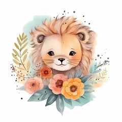Cute little lion with flowers hand drawing ilustration decoration water color