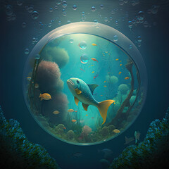 Graceful Fish Gliding Through a Shimmering Bubble, Revealing the Wondrous Beauty and Mysteries of the Ocean Depths
