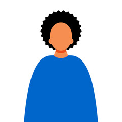 A sample of an African American girl. Young woman avatar template in blue dress isolated on white background. Vector.