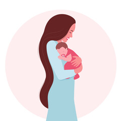 Happy mother hugging her baby. Vector illustration in flat style