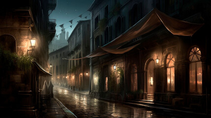 dark street at night Venice lamps