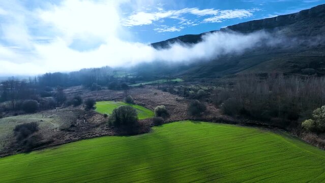 Agricultural landscape in winter. Aerial view from a drone. Paul de Valdelucio town. Valdelucio Valley. World geological heritage UNESCO. Las Loras Geopark. Burgos. Castile and Leon. Spain, Europe