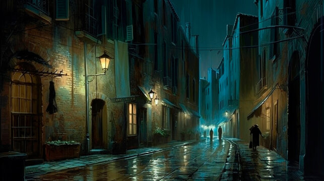 dark street at night Venice lamps