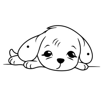 A tired puppy for coloring, drawn on white background, puppy with very big eyes and in vector art