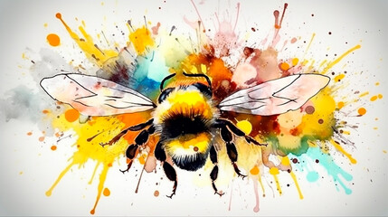friendly bee watercolor, flowers splash of yellow colors