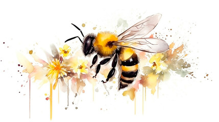 friendly bee watercolor, flowers splash of yellow colors