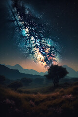 Starry Nightfall: Digital Illustration of a Celestial Landscape at Dusk