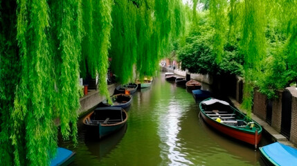 Little Venice with a willow tree and boats in a narrow canal