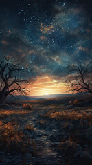 Obraz na płótnie Canvas Starry Nightfall: Digital Illustration of a Celestial Landscape at Dusk