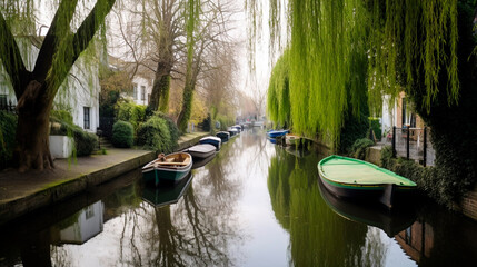 Fototapeta na wymiar Little Venice with a willow tree and boats in a narrow canal
