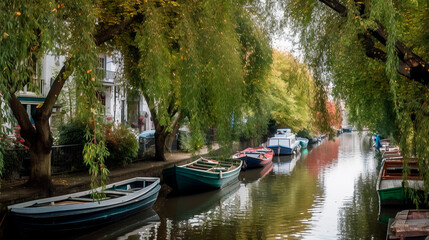 Obraz premium Little Venice with a willow tree and boats in a narrow canal
