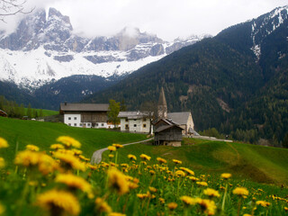 Panoramic picture of the village Santa Maddalena in Bolzano, South Tyrol (Italy) with the Dolomites in the back