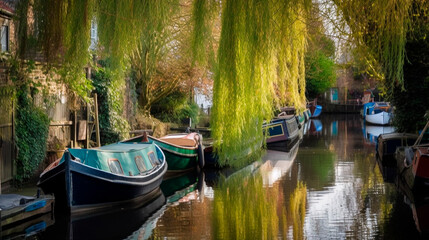 Little Venice with a willow tree and boats in a narrow canal