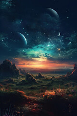 Starry Nightfall: Digital Illustration of a Celestial Landscape at Dusk