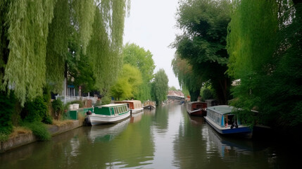 Naklejka premium Little Venice with a willow tree and boats in a narrow canal