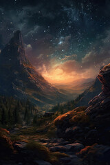 Starry Nightfall: Digital Illustration of a Celestial Landscape at Dusk