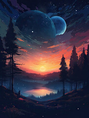 Starry Nightfall: Digital Illustration of a Celestial Landscape at Dusk