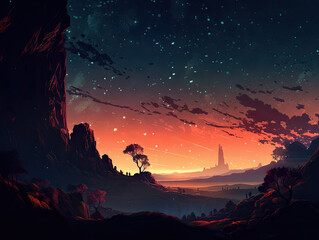 Starry Nightfall: Digital Illustration of a Celestial Landscape at Dusk