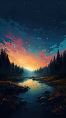 Starry Nightfall: Digital Illustration of a Celestial Landscape at Dusk