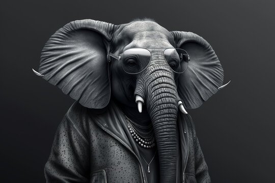Elephant cover in jacket and sunglasses, generative AI