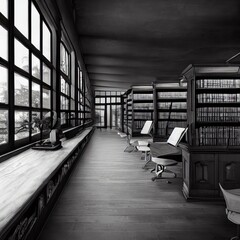 Bookshelves in empty library generated by AI - obrazy, fototapety, plakaty