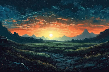 Starry Nightfall: Digital Illustration of a Celestial Landscape at Dusk