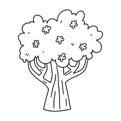 Spring tree with flowers in hand drawn doodle style. Vector illustration isolated on white. Coloring page.