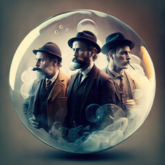 detectives in a bubble with smoke and hats posing