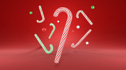 Very festive and eye-catching Christmas background with red, white and green striped sweet Christmas candy canes floating in the air