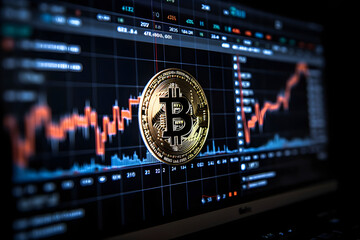 Bitcoin cryptocurrency, financial market analysis charts, blockchain cyber protection and digital security, generative ai