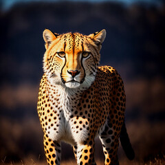 Fototapeta na wymiar A cheetah is depicted in a majestic pose, with a piercing gaze, against a backdrop of a setting sun casting its rays. Digital art.
