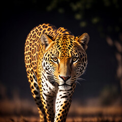It depicts a scene of a majestic jaguar in the light of a golden sunset, staring with a piercing gaze. Digital art.