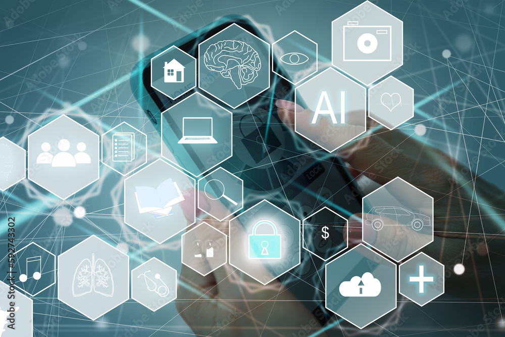 Poster ai, artificial intelligence, machine learning, neural networks and modern technologies concepts. iot