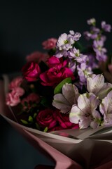 Closeup of bouquet of flowers in pink and purple