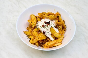 Closeup of Potato wedges in a white plate with creamy sauce