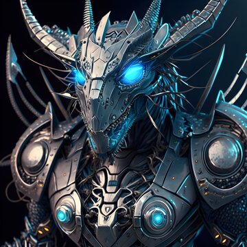 Robot dragon facing camera metal plates layered metal plating neon blue glow in cracks silver metal shiny mech angular circuitry lines big eyes 