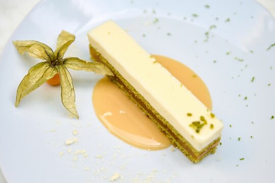 Closeup of cheesecake with yuzu ffruit