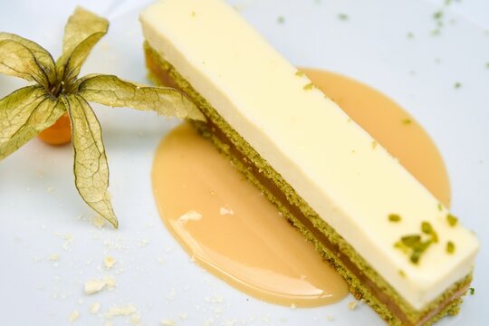 Closeup of cheesecake with yuzu ffruit