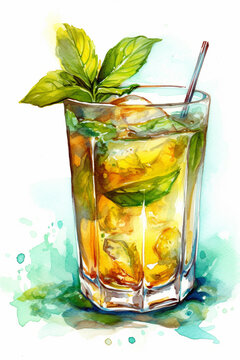 watercolor painting of a jar of lemonade mint and lemon  ai generative