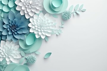 Paper flowers and leaves. Floral abstract background. Pastel green and white colors, digital romantic illustration created by Generative AI. 