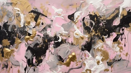 Abstract painting. Black, gold, white color paint. Liquid texture on pink background. Color penetration with gold addition. Multiple layer of color. Generative AI. 