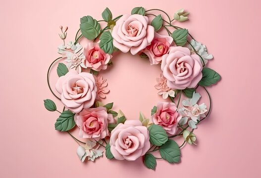 Floral wreath, pink roses, abstract background with flowers, floral abstract background, pink backdrop,  created by Generative AI.