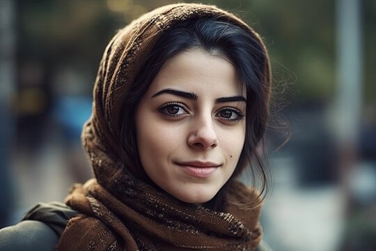 Smiling beautiful middle eastern young woman wearing a hijab looking at the camera. Generative AI