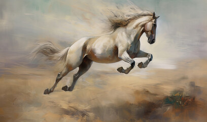 Illustration of a horse running in full gallop, AI generative