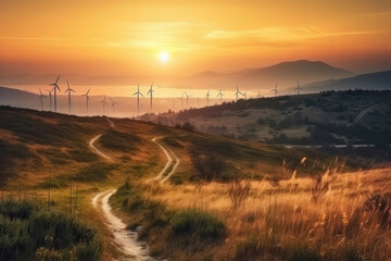 wind turbines at sunset created with Generative AI technology