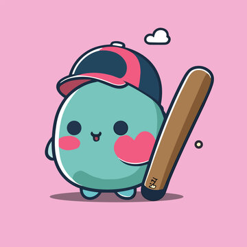 baseball player cartoon illustration.Kawaii baseball bat.Kawaii baseball mascot  character.