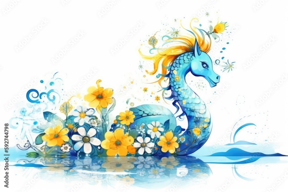 Sticker a yellow seahorse with spines protrudes from the water (hippocampus jayakarai). generative ai