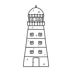 Lighthouse in hand drawn doodle style. Vector illustration isolated on white. Coloring page.