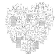 Heart shaped pattern with cute funny cats. Black and white background. Page for Adult coloring book. Vector.