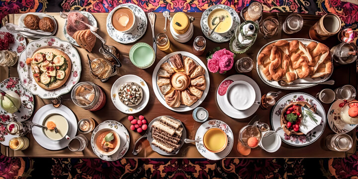 An image of a continental breakfast was taken from an elevated angle - generative ai.